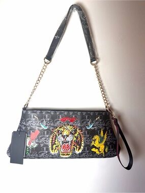 Ed Hardy Black Shoulder Bag with Multicolor Tiger & Pegasus Motifs